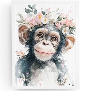 Watercolor Floral Monkey Portrait Wall Art Print Unframed - Playful Jungle Charm